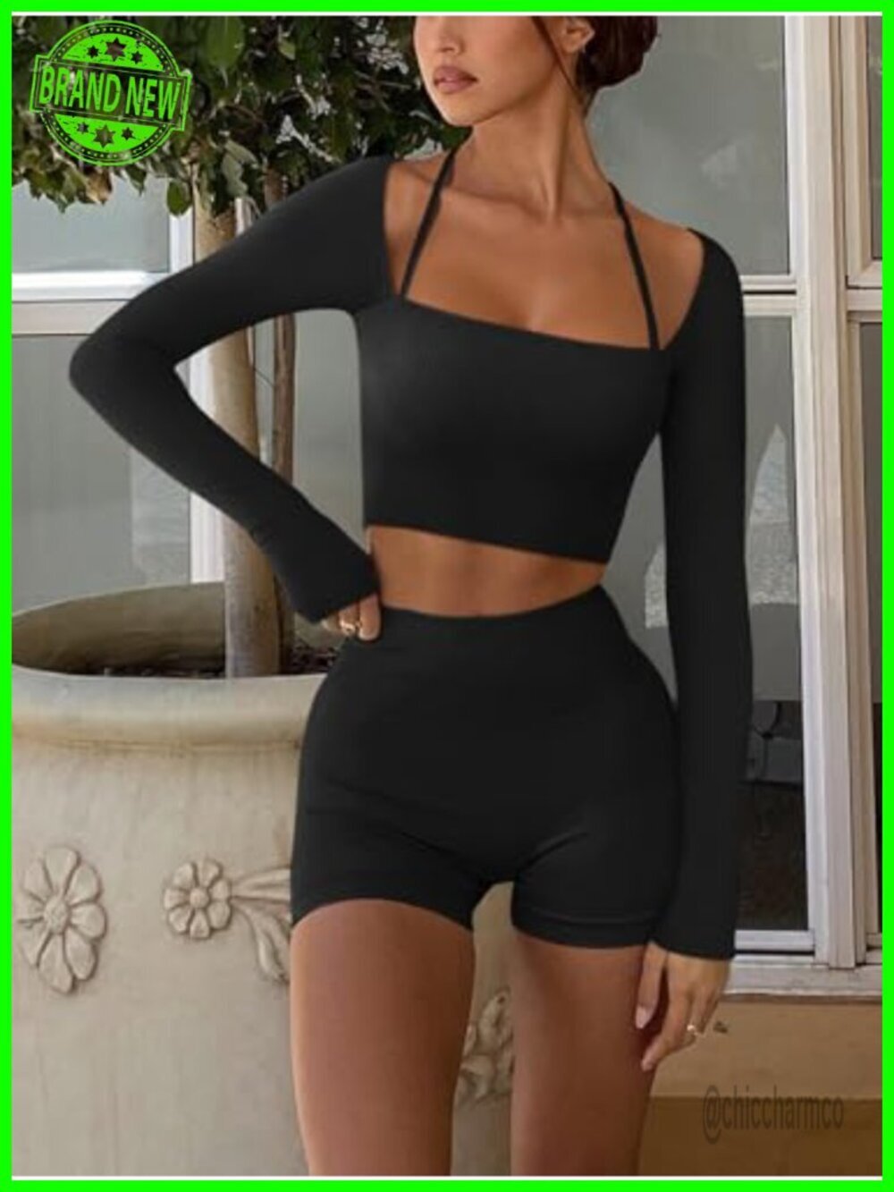 Seamless Ribbed Long Sleeve Crop Top Built-in Bra Yoga - Picture 3 of 6